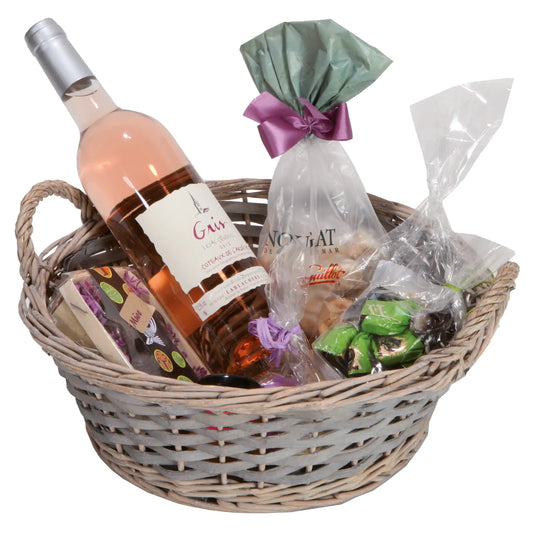 Corbeille Amélie osier/bois cérusé gris ronde 32x11cm