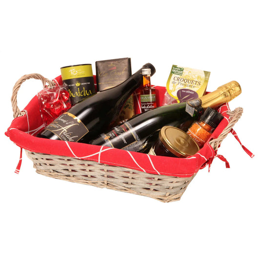 Rio basket, wicker/grey whitewashed wood with red fabric, rectangular, 38x28x10cm