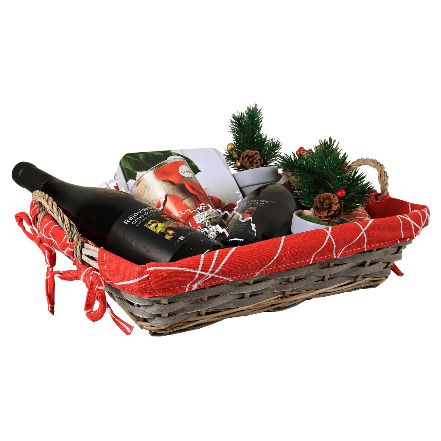 Rio basket, wicker/grey whitewashed wood with red fabric, rectangular, 38x28x10cm