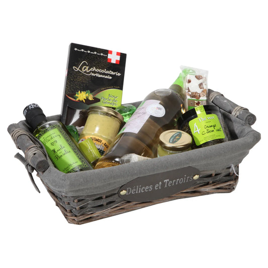 Corbeille Maria osier/bois cérusé gris tissu gris rectangle 33x23x9cm