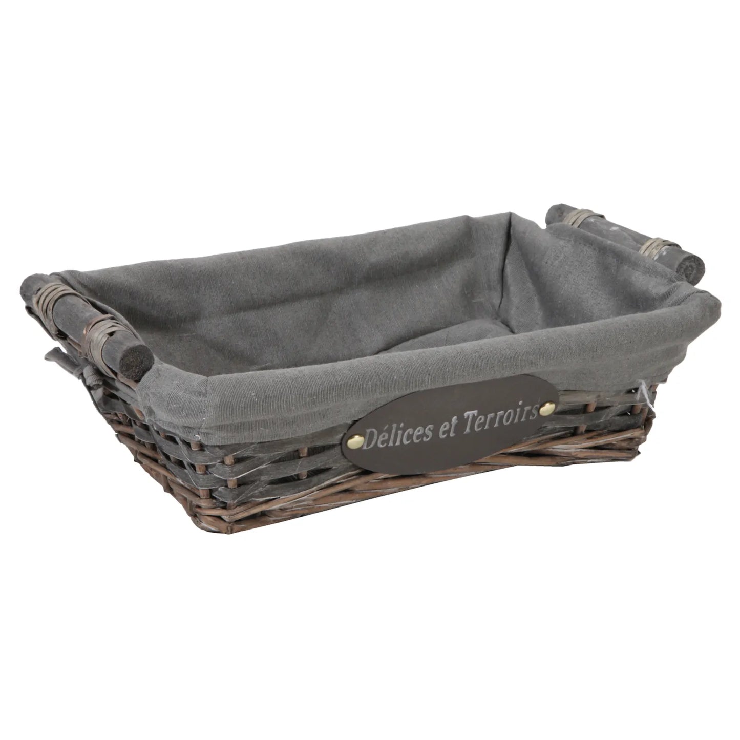 Maria basket, wicker/grey limed wood, grey fabric, rectangular, 38x28x10cm