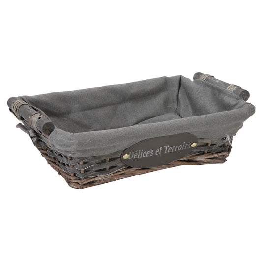 Corbeille Maria osier/bois cérusé gris tissu gris rectangle 38x28x10cm