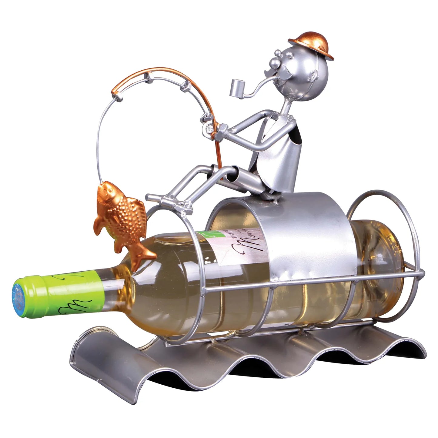 Support bouteille Félix métal gris/cuivre - Pêcheur assis sur bouteille
