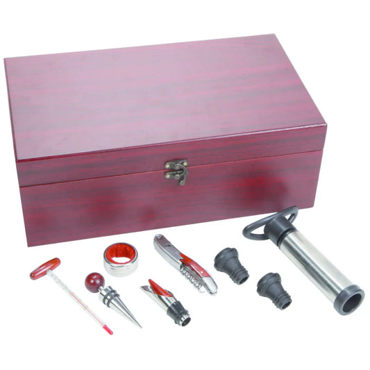 Mahogany sommelier set with 2 wooden bottles, 8 pieces