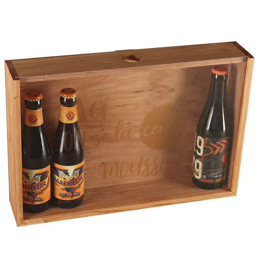 Caisse Castel bois de pin teinté cappucino 6 bières - Ici on se la coule mousse