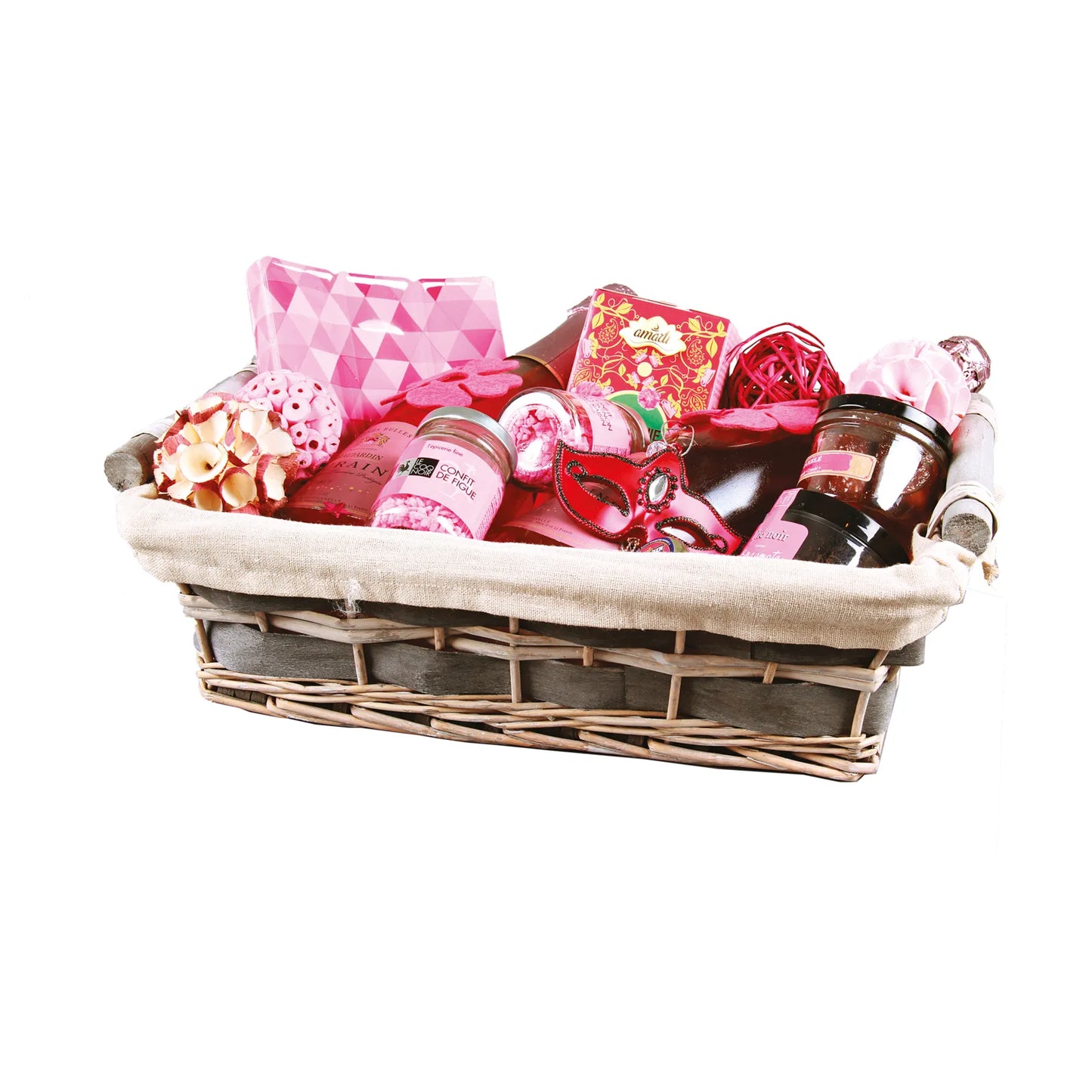 Jade basket, wicker/wood, anthracite beige fabric, rectangular, 38x28x10cm