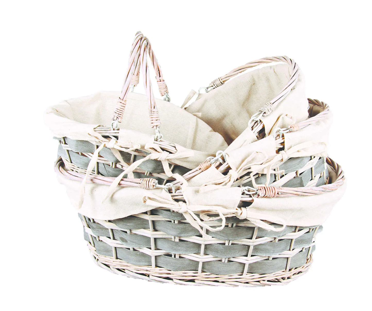 Jade basket, wicker/wood, anthracite, beige fabric, oval, 36x30x12/15cm