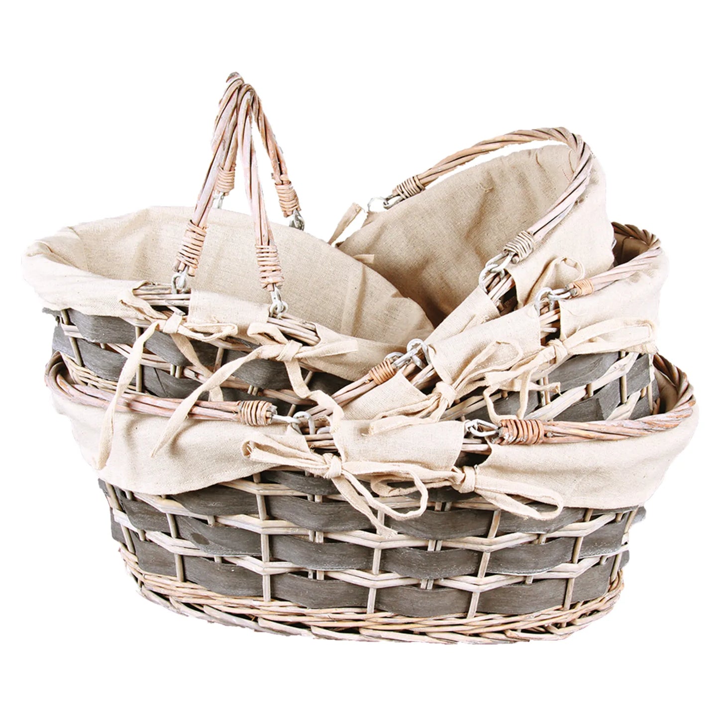 Jade basket, wicker/anthracite wood, beige fabric, oval, 54x40x16/20cm
