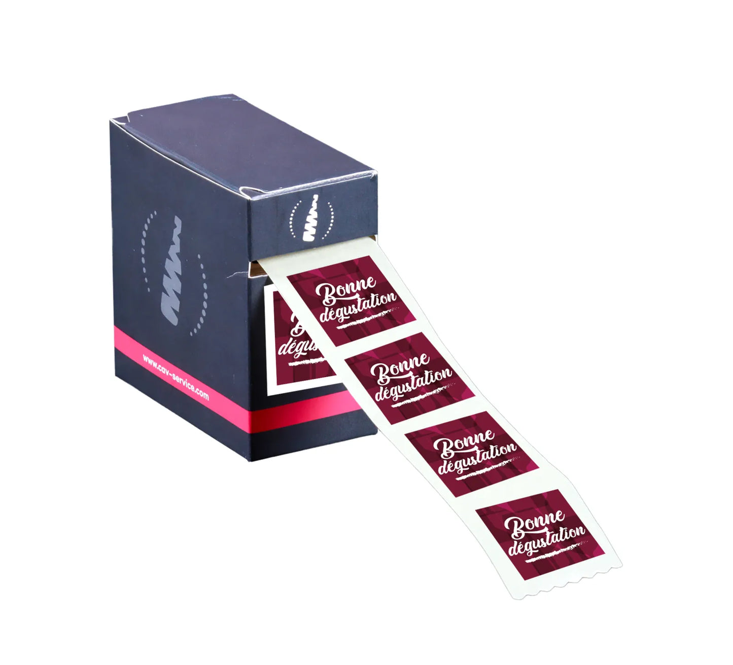 Etiquette adhésive carrée bordeaux/blanc - Bonne dégustation (boîte de 500)