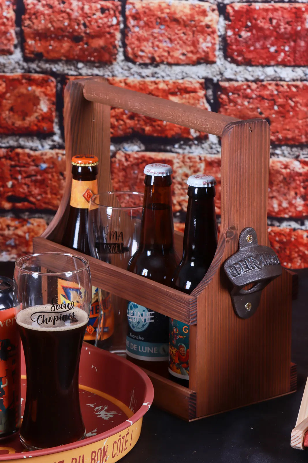 Panier Calypso bois 8 bières 33cl (long neck) décapsuleur