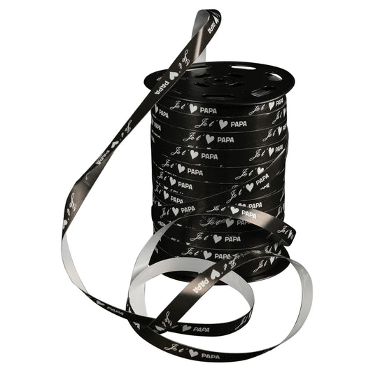 Ruban Bolduc satiné lisse noir - Je t'aime Papa (bobine 10mmx250m)