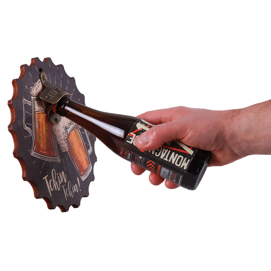 Billy wall-mounted wooden bottle opener, 22cm, decorated - Cheers!