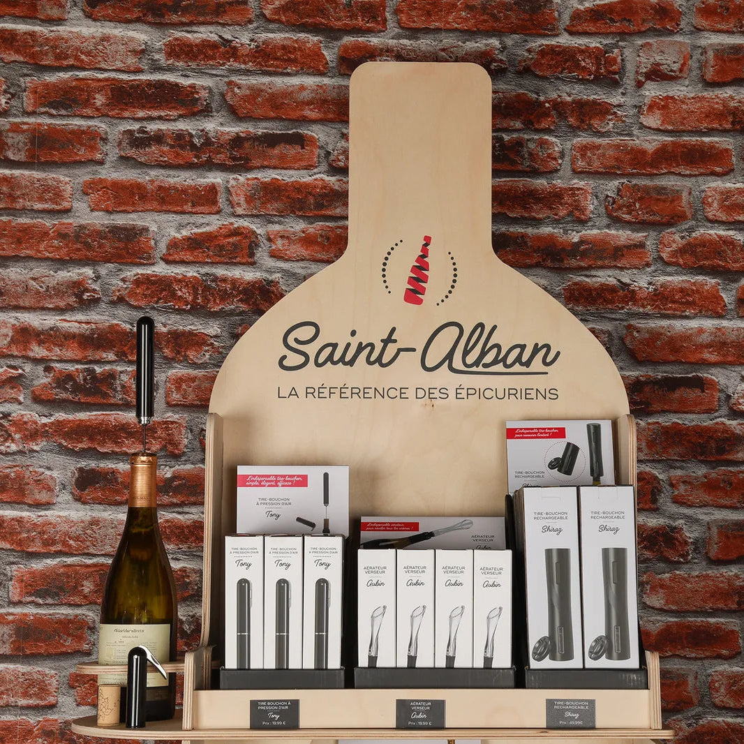 Présentoir type complet bois 12 références accessoires Saint Alban