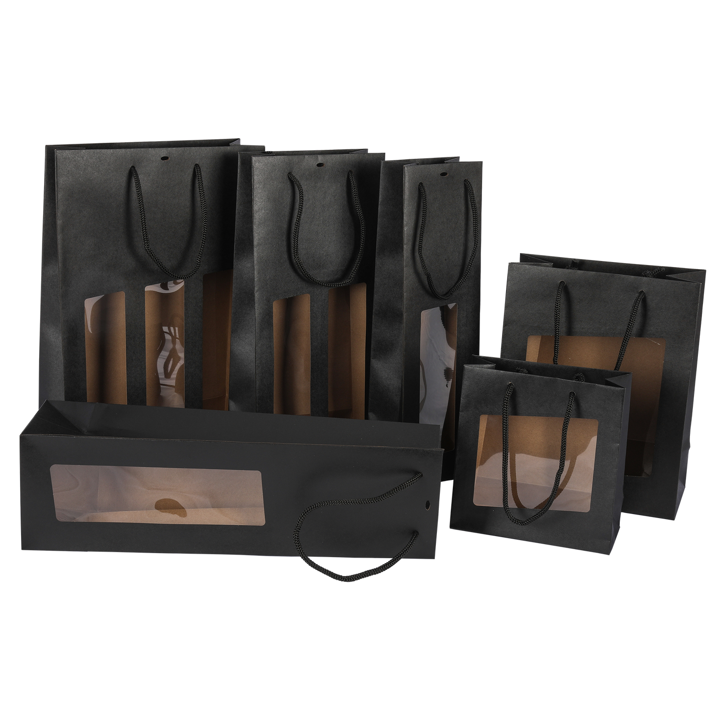 Sac Buffalo papier kraft brun noir 3 bouteilles fenêtre PVC