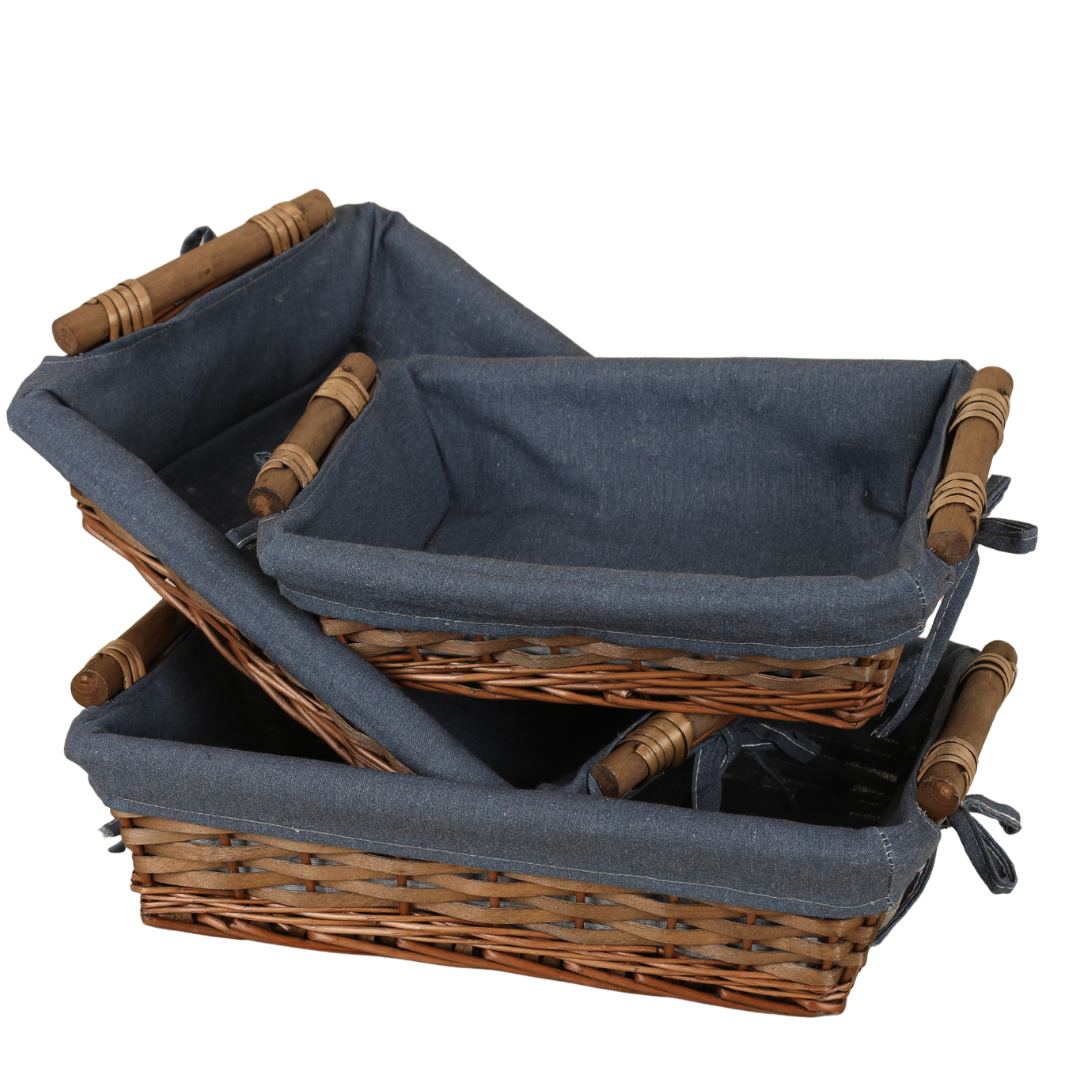 Corbeille Azur osier/bois marron tissu bleu rectangle 38x28x10cm