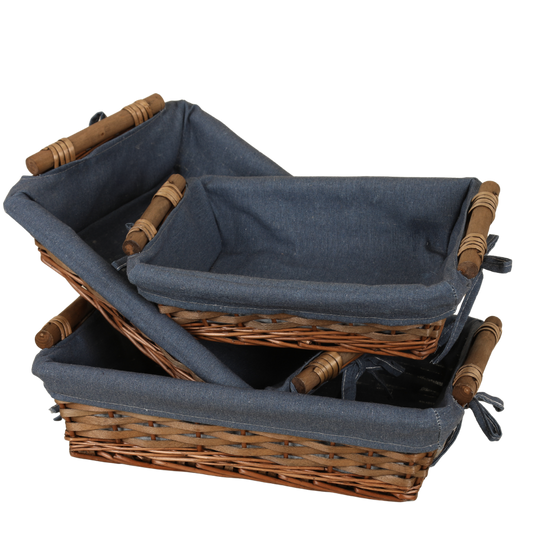 Corbeille Azur osier/bois marron tissu bleu rectangle 38x28x10cm