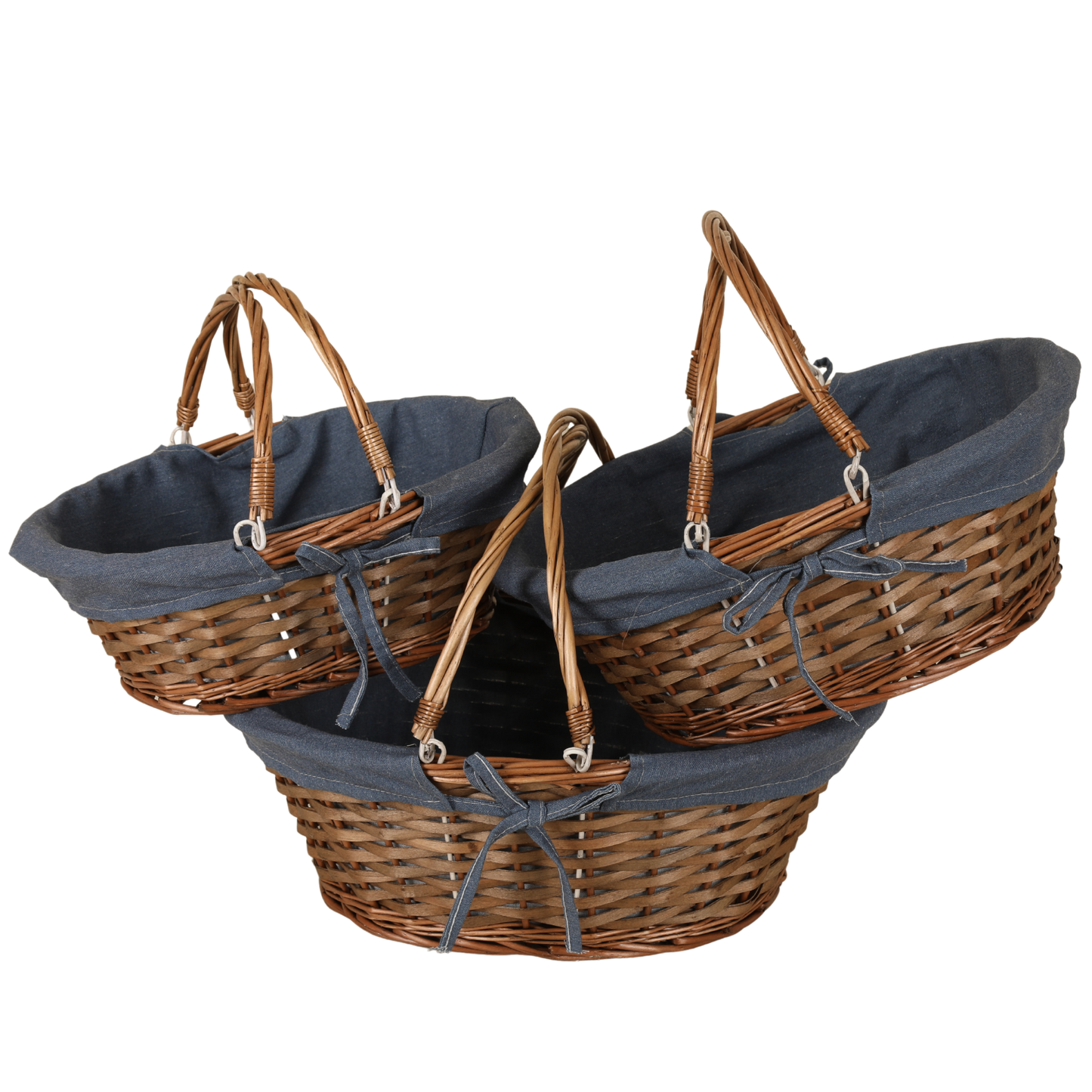 Panier Azur osier/bois marron tissu bleu ovale 36x30x14cm