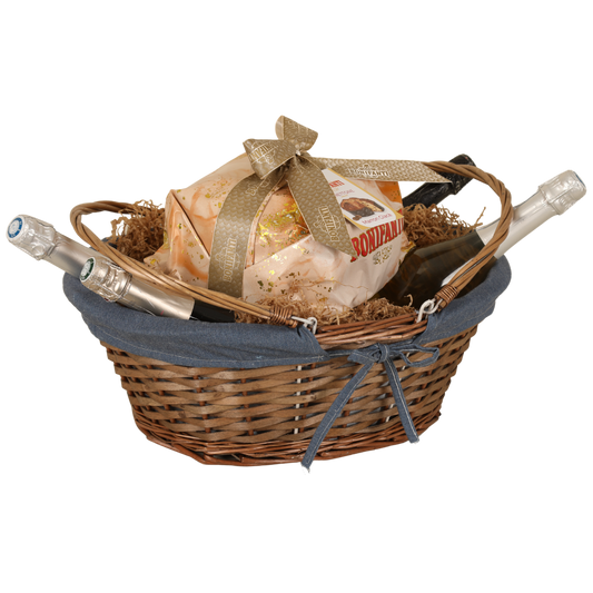 Panier Azur osier/bois marron tissu bleu ovale 43x34x16cm