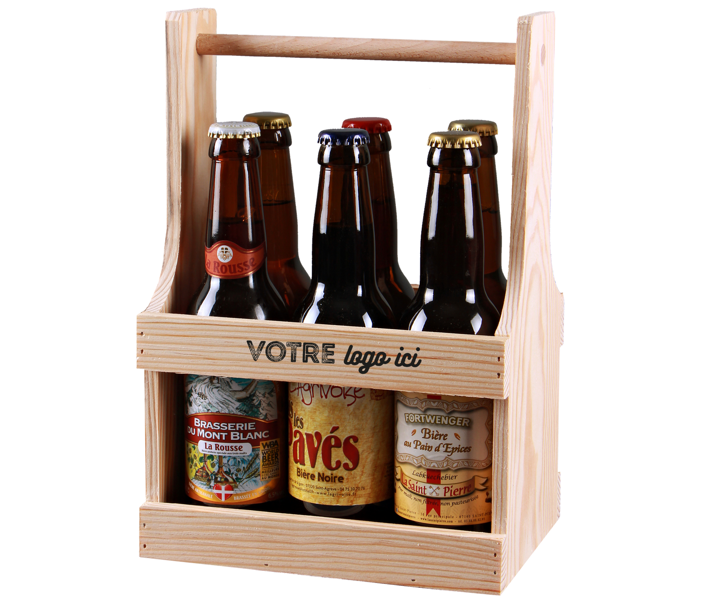 Panier Diego bois naturel 6 bières 33cl (type long neck) personnalisé