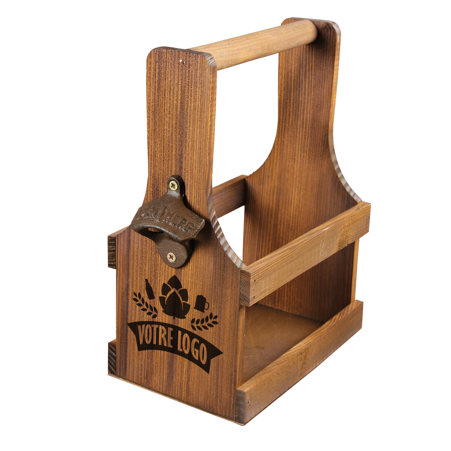 Calypso basket in walnut-stained wood, holds 6 or 8 33cl beers (long neck type), personalized