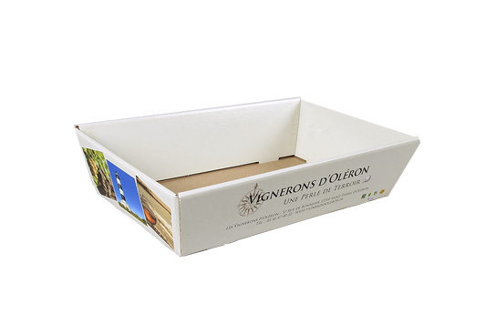 Large personalized basket. Rigid rectangular flared cardboard basket, 36x27x7cm