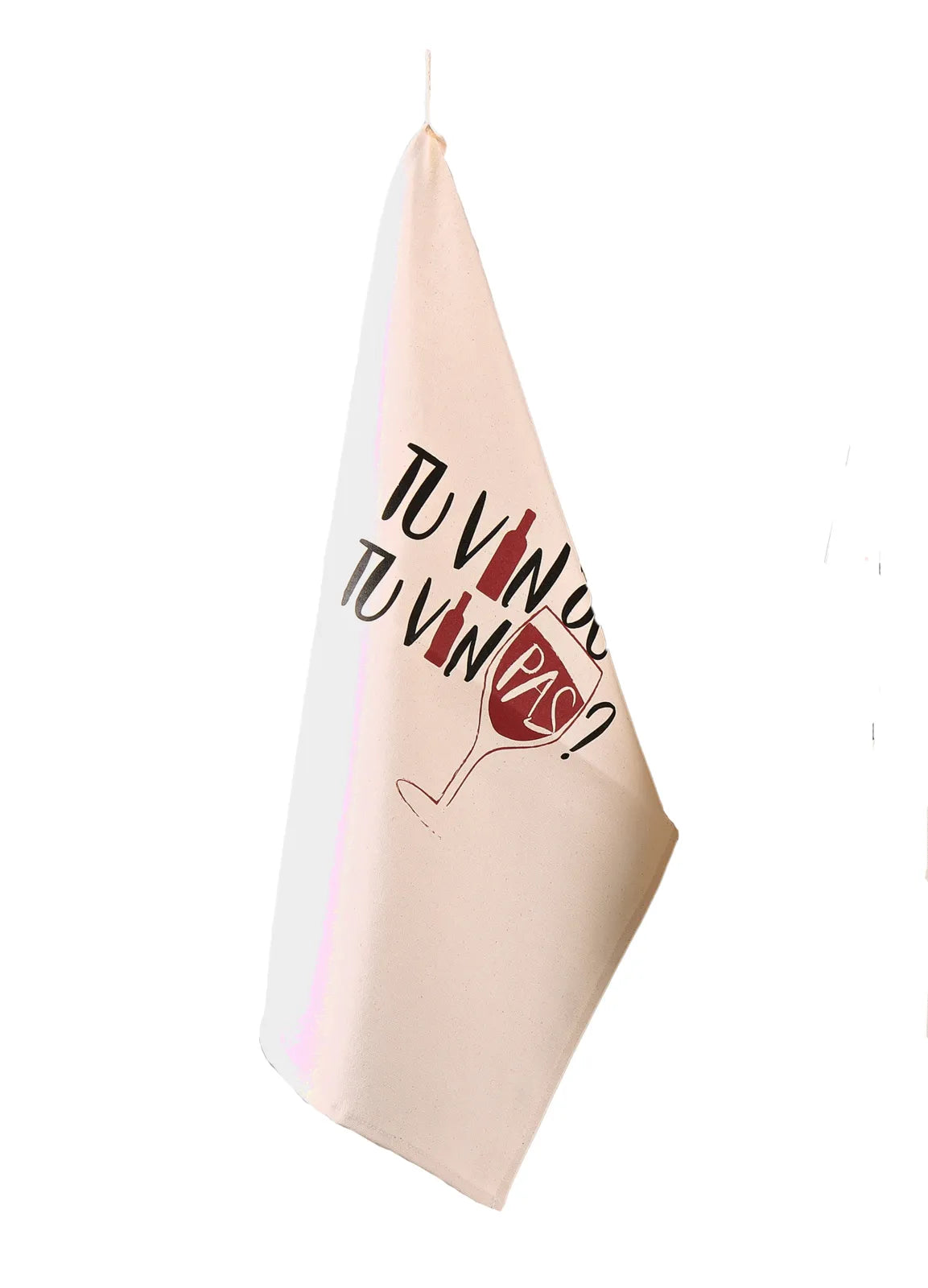 Swan tea towel, ecru cotton canvas decorated in black/blackcurrant, 65x45cm - You're coming or you're not coming