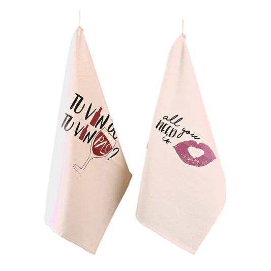 Swan tea towel in ecru cotton canvas with black/purple decoration, 65x45cm - All you need is...