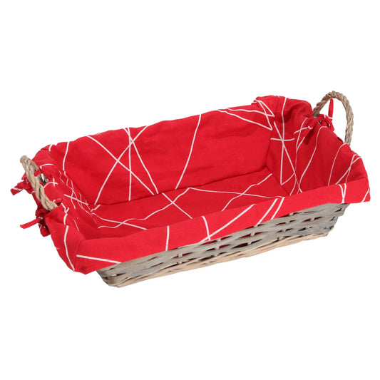 Corbeille Rio osier/bois cérusé gris tissu rouge rectangle 38x28x10cm