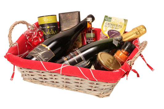 Corbeille Rio osier/bois cérusé gris tissu rouge rectangle 38x28x10cm