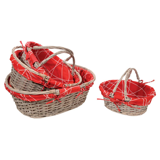 Panier Rio osier/bois cérusé gris tissu rouge ovale 43x34x15/19cm