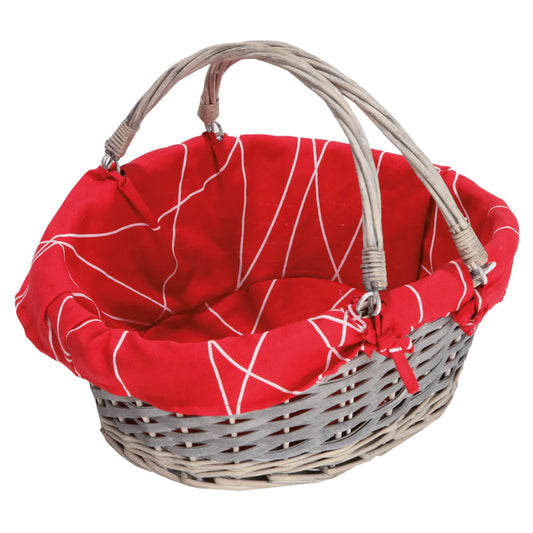 Panier Rio osier/bois cérusé gris tissu rouge ovale 43x34x15/19cm