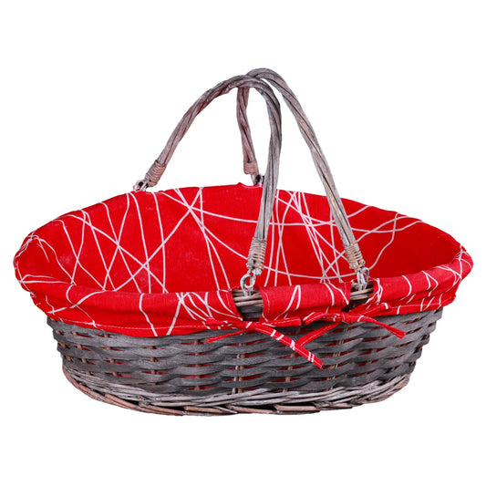 Panier Rio osier/bois cérusé gris tissu rouge ovale 54x40x16/20cm