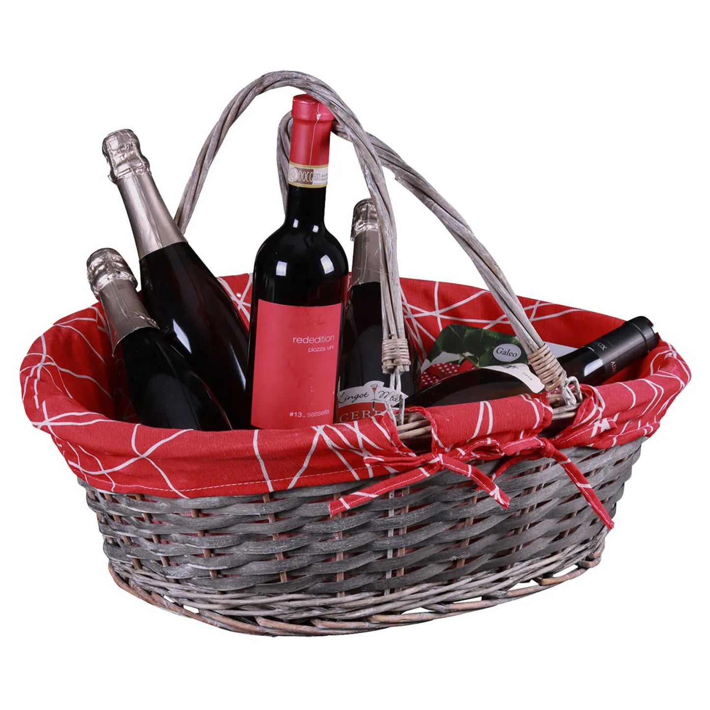 Panier Rio osier/bois cérusé gris tissu rouge ovale 54x40x16/20cm