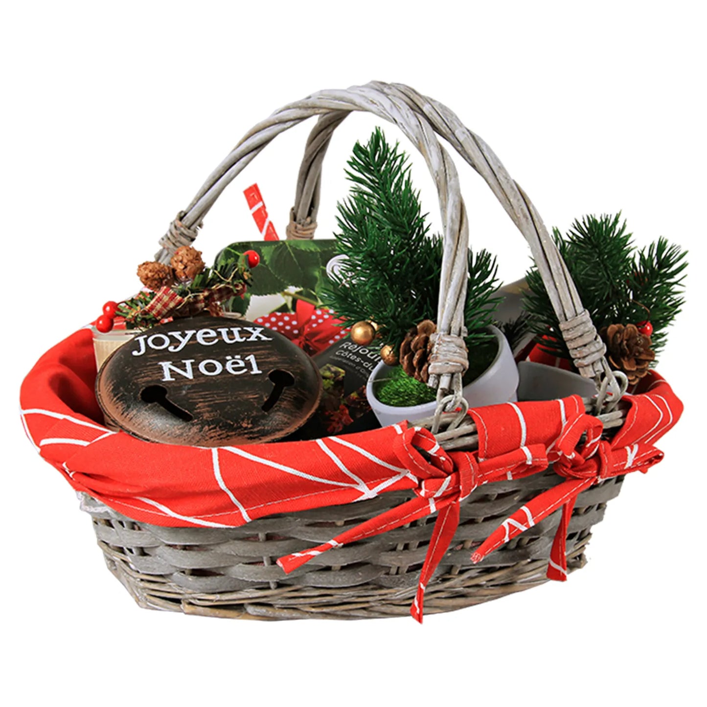 Panier Rio osier/bois cérusé gris tissu rouge ovale 33x26x10/13cm
