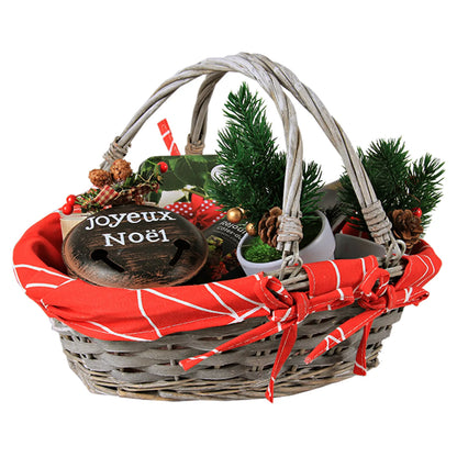 Panier Rio osier/bois cérusé gris tissu rouge ovale 33x26x10/13cm
