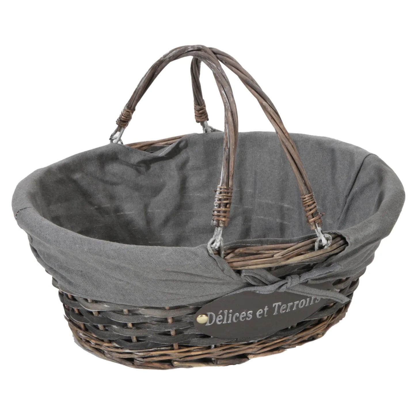 Panier Maria osier/bois cérusé gris tissu gris ovale 32x26x12cm