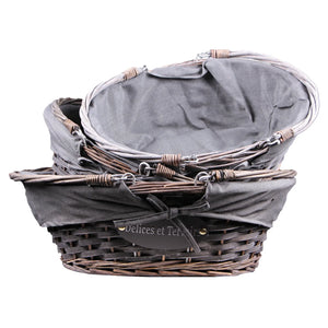 Maria basket, wicker/grey whitewashed wood, grey fabric, oval, 36x30x14cm