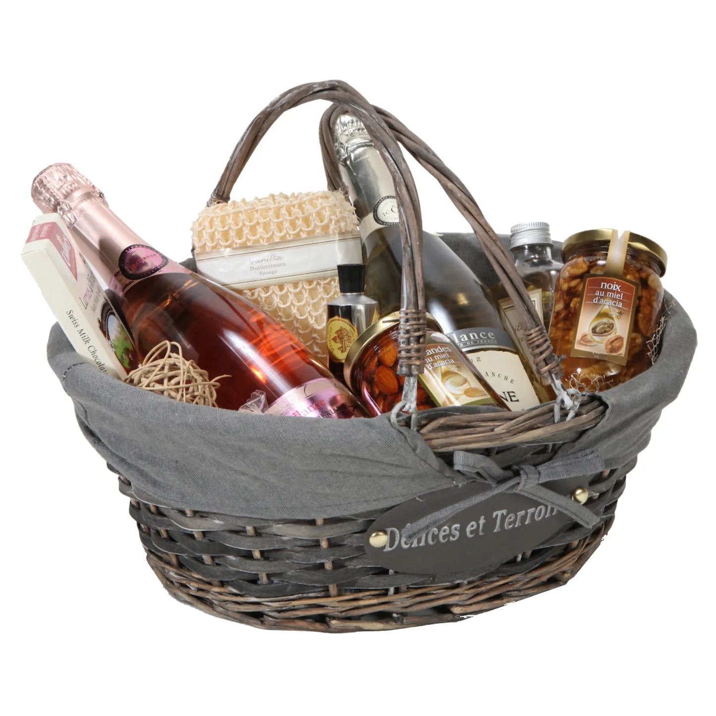 Maria basket, wicker/grey whitewashed wood, grey fabric, oval, 36x30x14cm