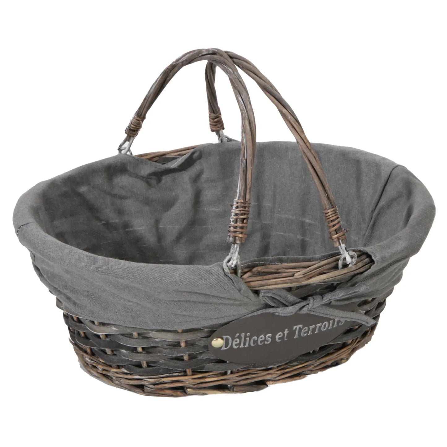 Maria basket, wicker/grey whitewashed wood, grey fabric, oval, 43x34x16cm
