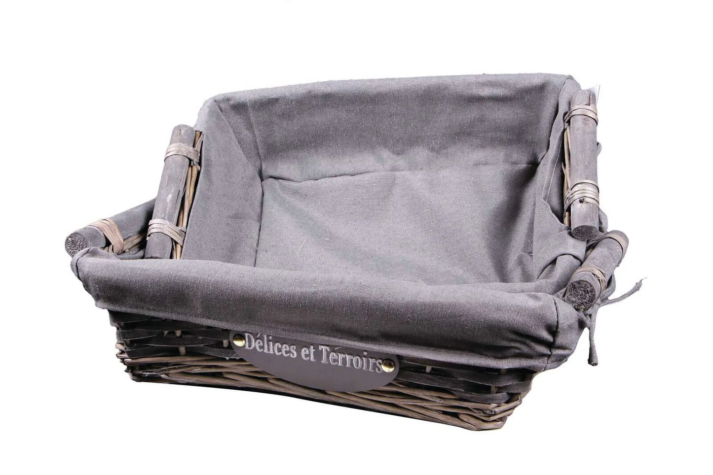 Maria basket, wicker/grey limed wood, grey fabric, rectangular, 38x28x10cm