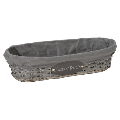 Banneton Maria osier/bois cérusé gris tissu gris ovale 44x14x10cm