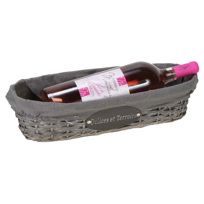 Banneton Maria osier/bois cérusé gris tissu gris ovale 44x14x10cm