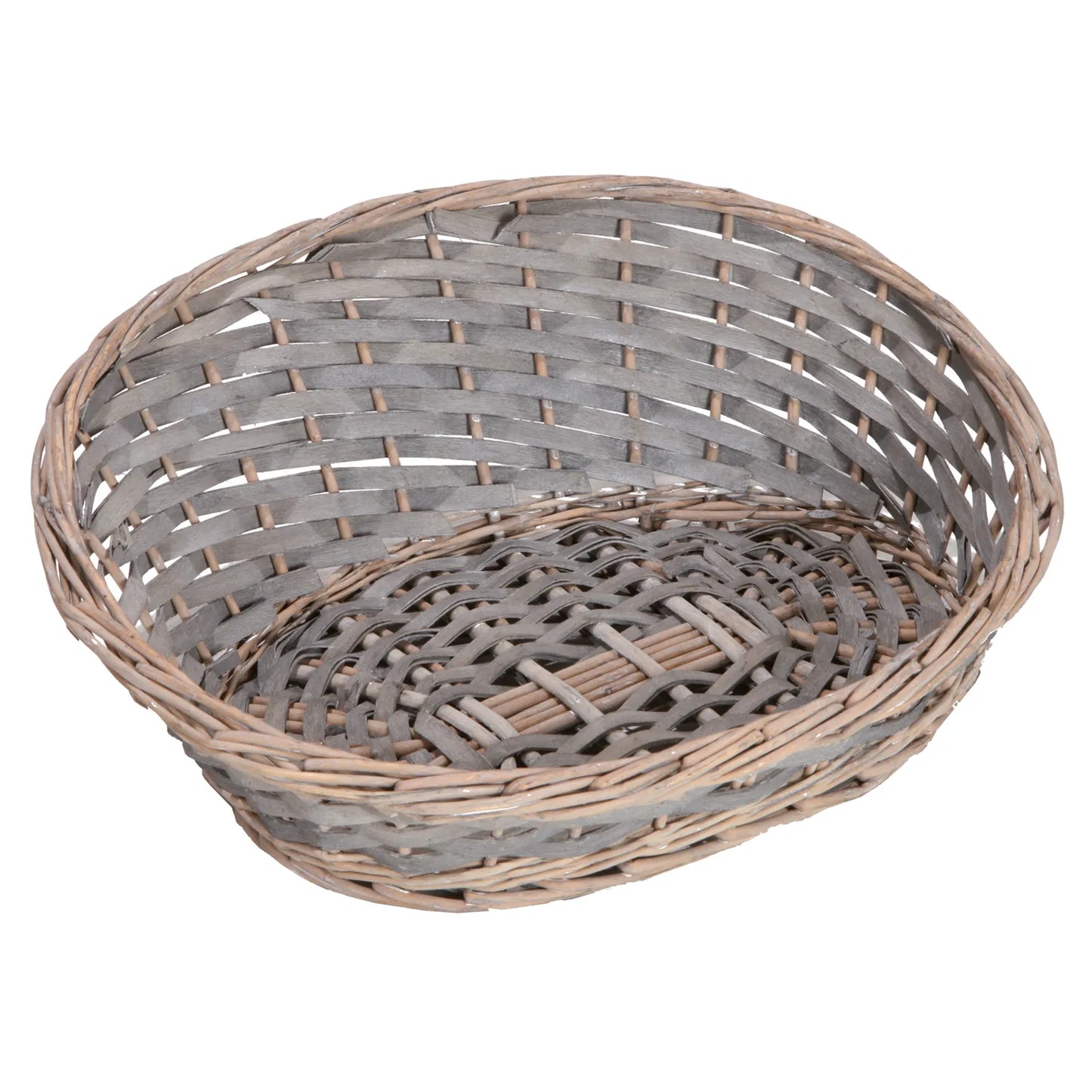 Amélie wicker/grey whitewashed wood basket, asymmetrical, 43x35x6/18cm