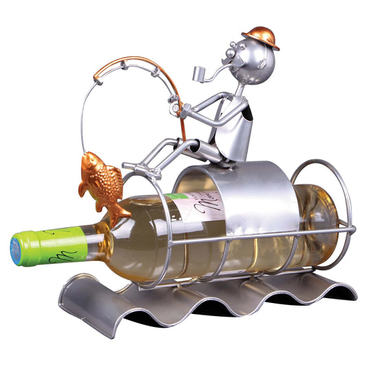 Felix bottle holder, grey/copper metal - Fisherman sitting on a bottle