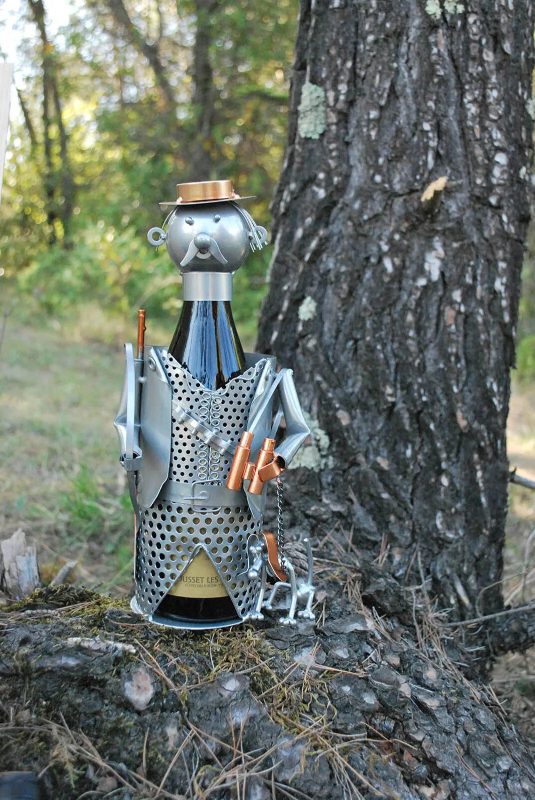 Support bouteille Félix métal gris/cuivre - Chasseur et son chien