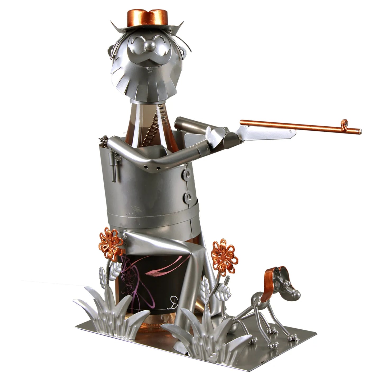 Support bouteille Félix métal gris/cuivre - Chasseur et son fusil