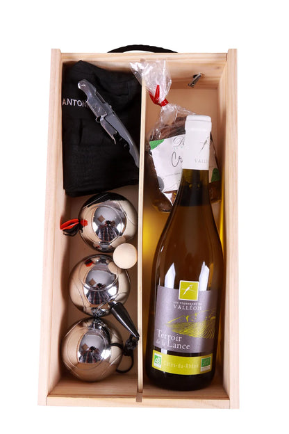 Coffret pétanque Léon bois 6 accessoires pour 1 bouteille - Jaime la pétanque