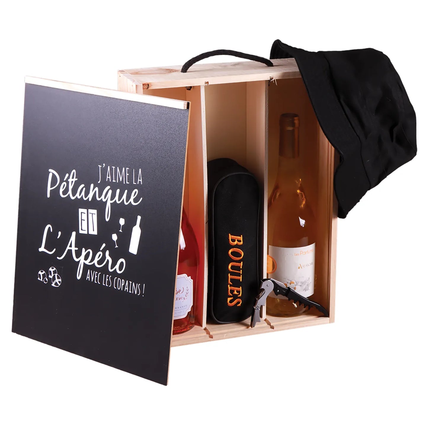 Coffret pétanque Léon bois 6 accessoires pour 2 bouteilles - Jaime la pétanque