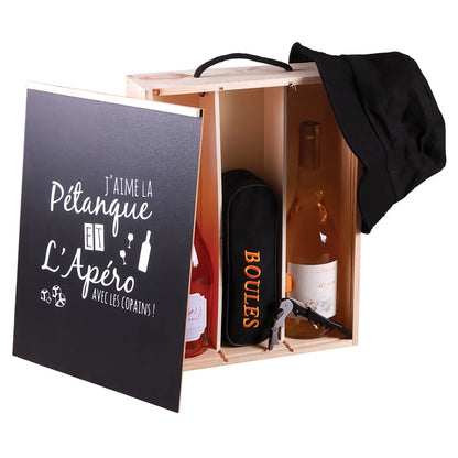 Coffret pétanque Léon bois 6 accessoires pour 2 bouteilles - Jaime la pétanque