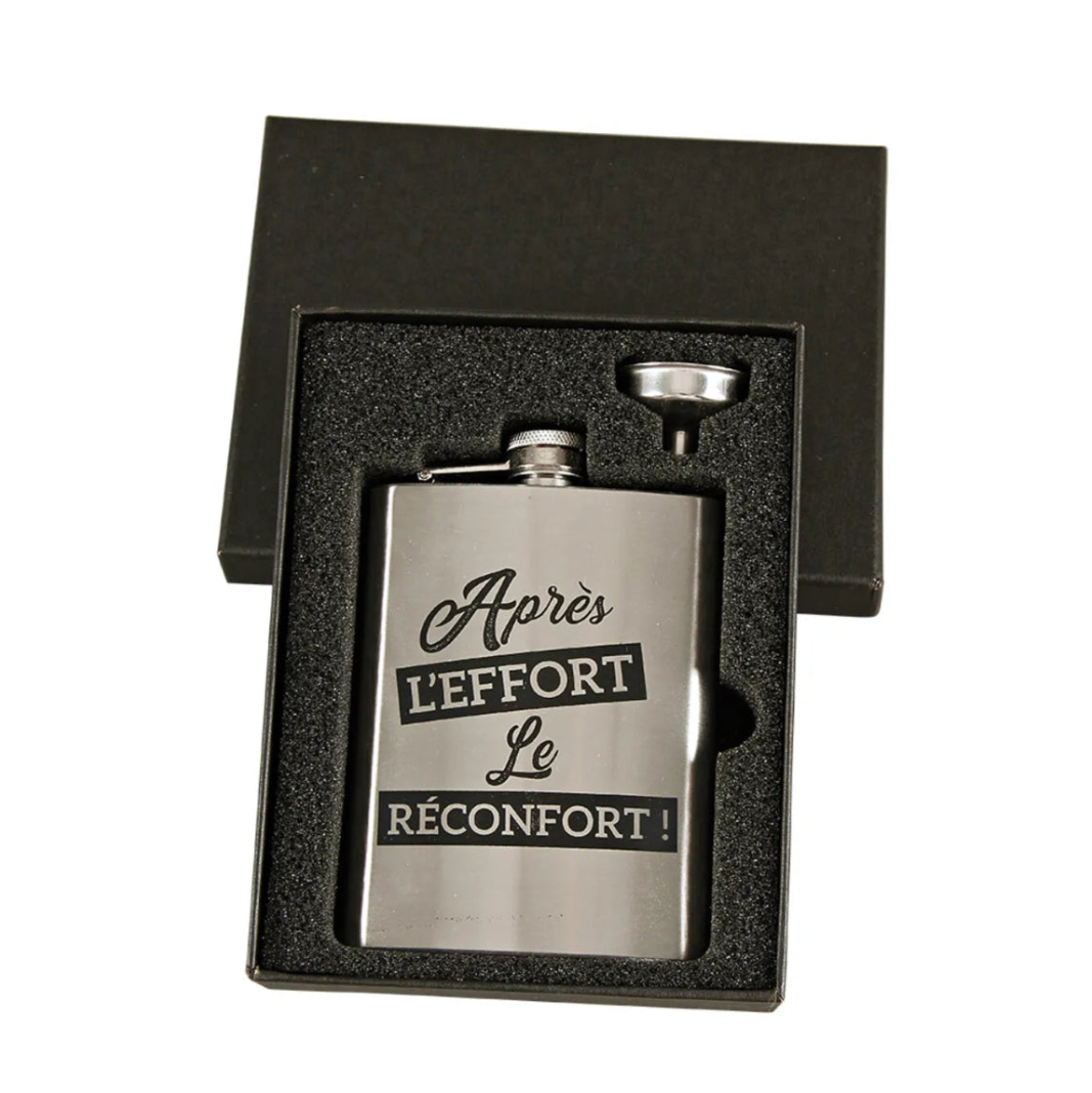 Nora 8oz/24cl black decorated flask gift set - After the effort, the reward